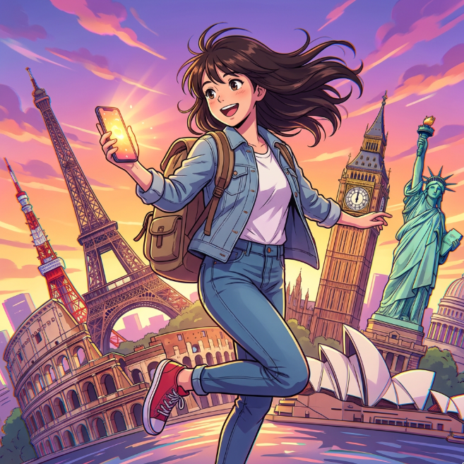 Traveler with phone in hand visiting world landmarks